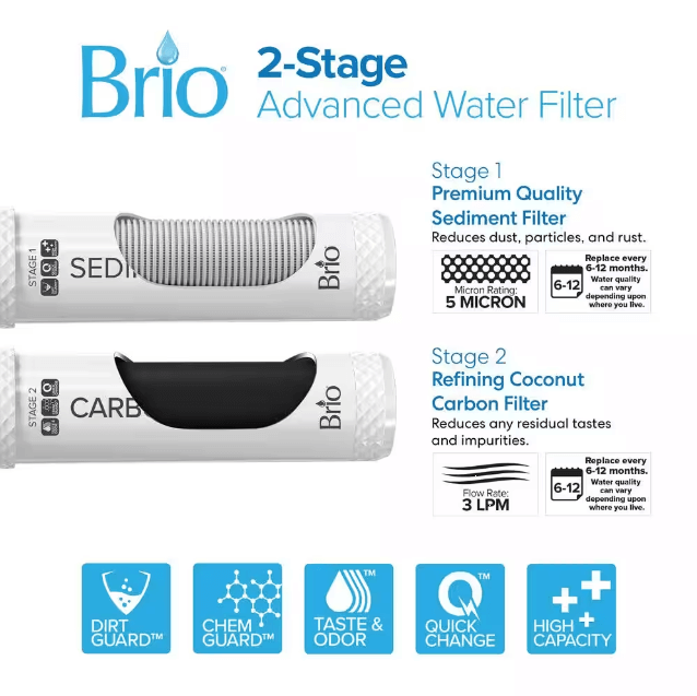 Brio Bottleless 2-Stage Filtration Water Dispenser Tri-Temp Connects to Your Water Line Height 42
